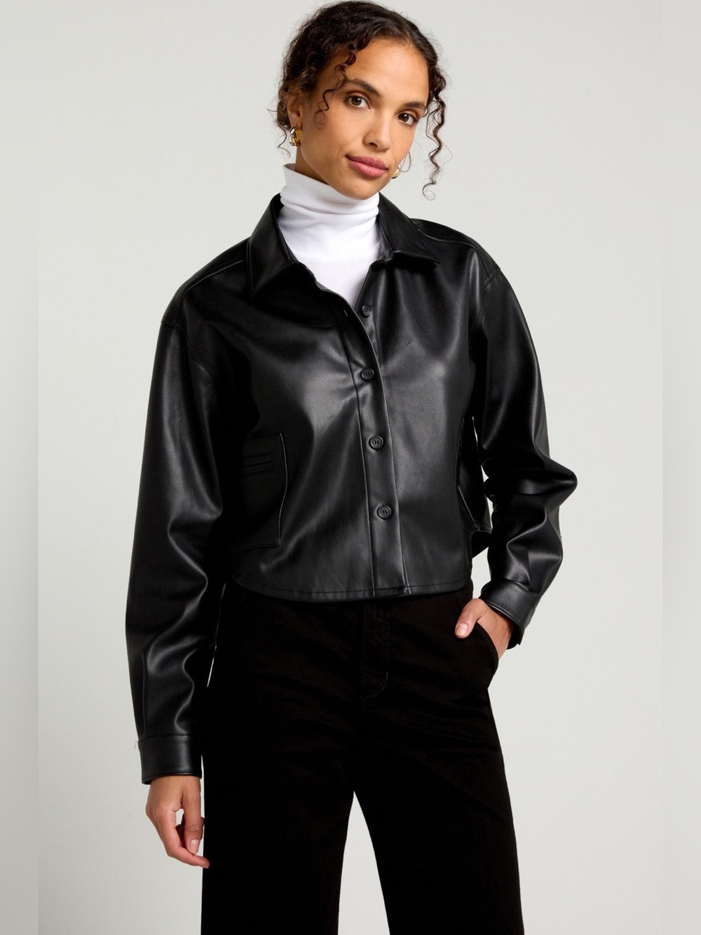 Hudson Jeans Black Faux Leather Button-Front Jacket